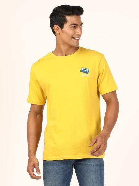 men printed round neck pure cotton yellow t-shirt