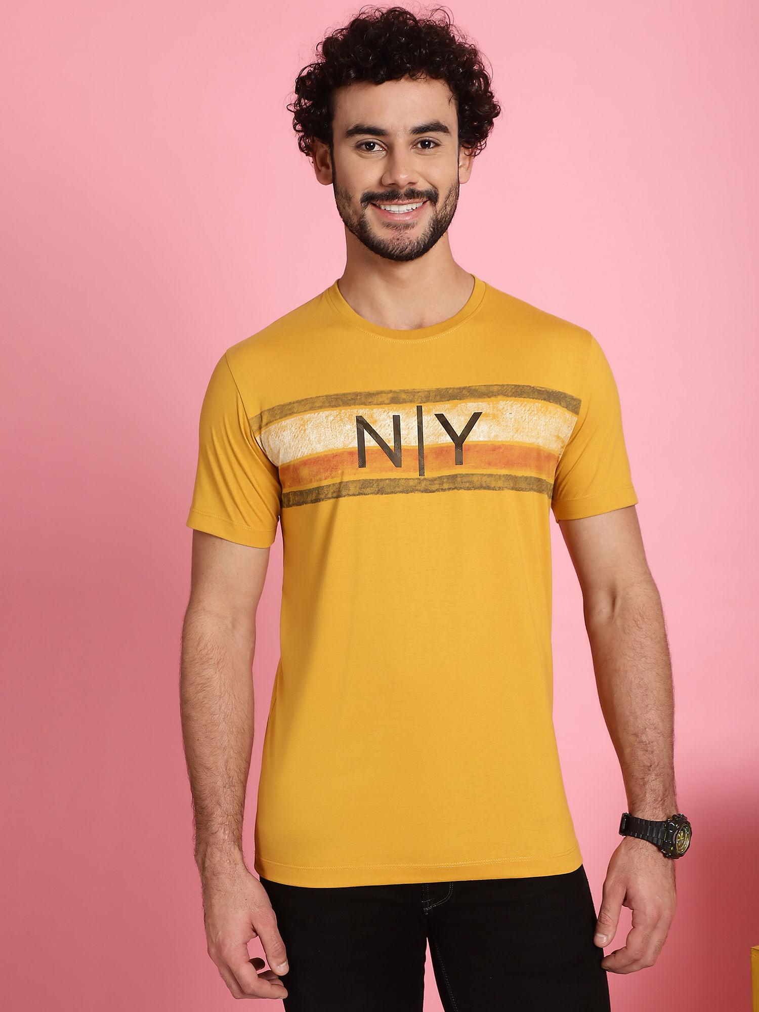 men printed round neck yellow cotton t-shirt