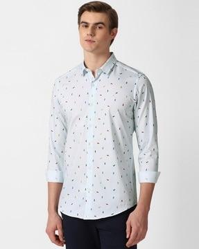 men printed sim fit cotton shirt