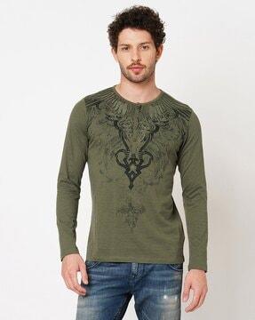 men printed slim fit henley t-shirt