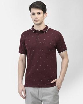 men printed slim fit polo t-shirt with patch pocket