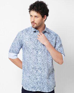 men printed slim fit shirt with spread-collar