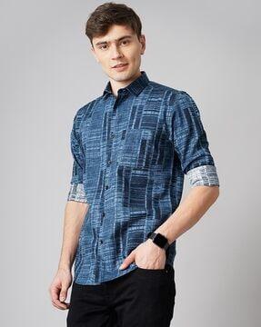 men printed slim fit shirt with spread collar