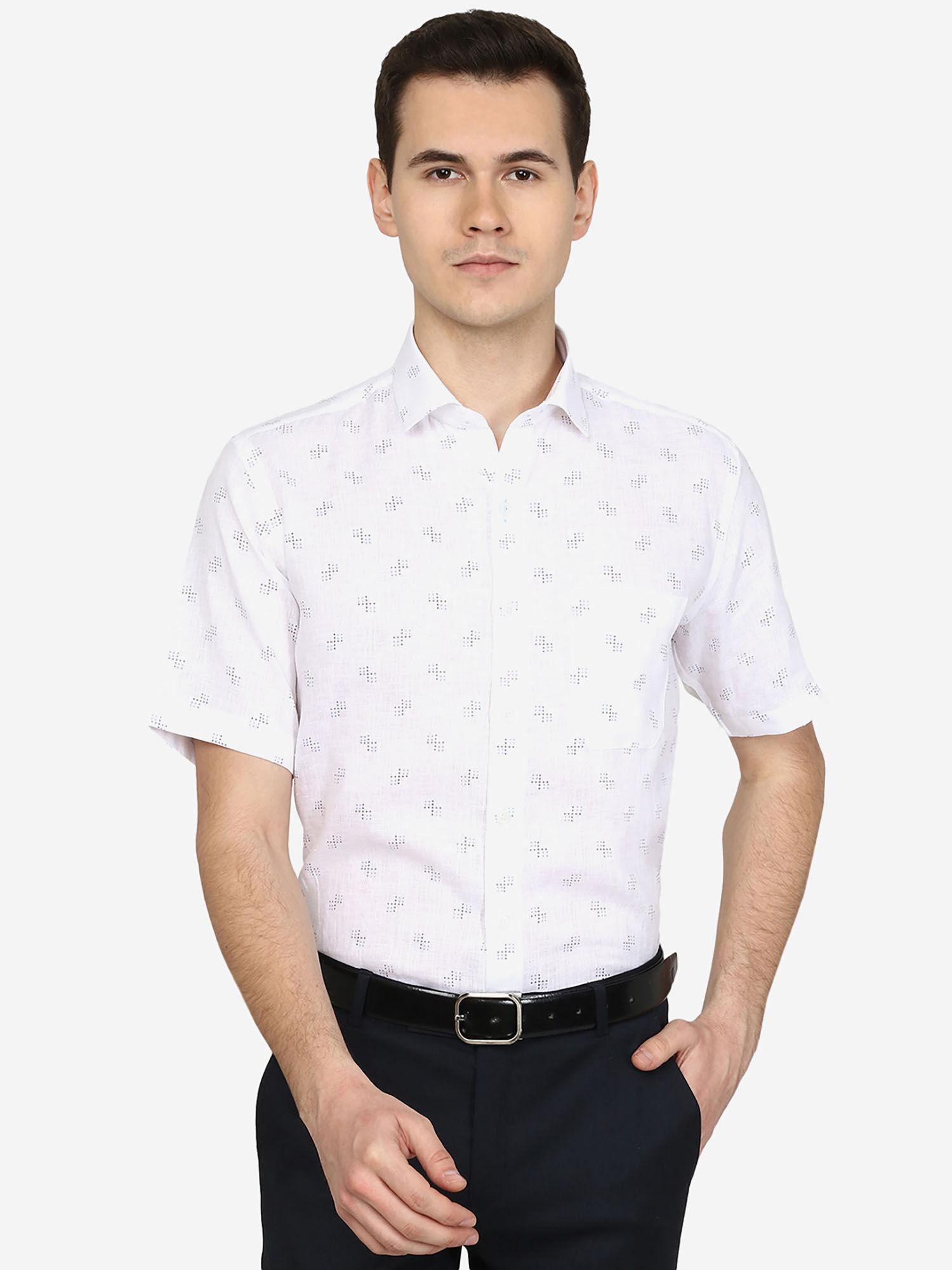 men printed white cotton slim fit formal shirt