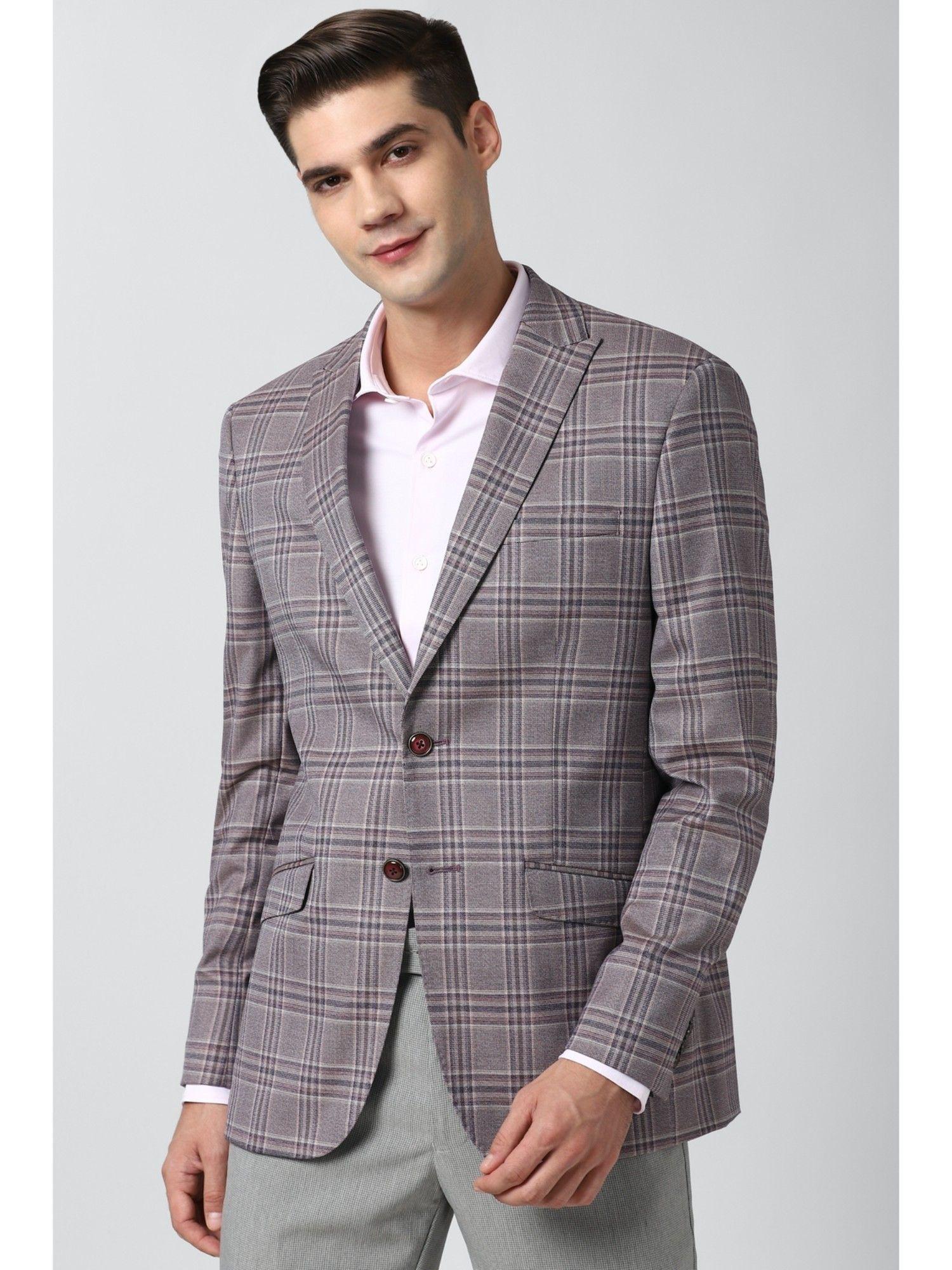 men purple check slim fit formal blazer