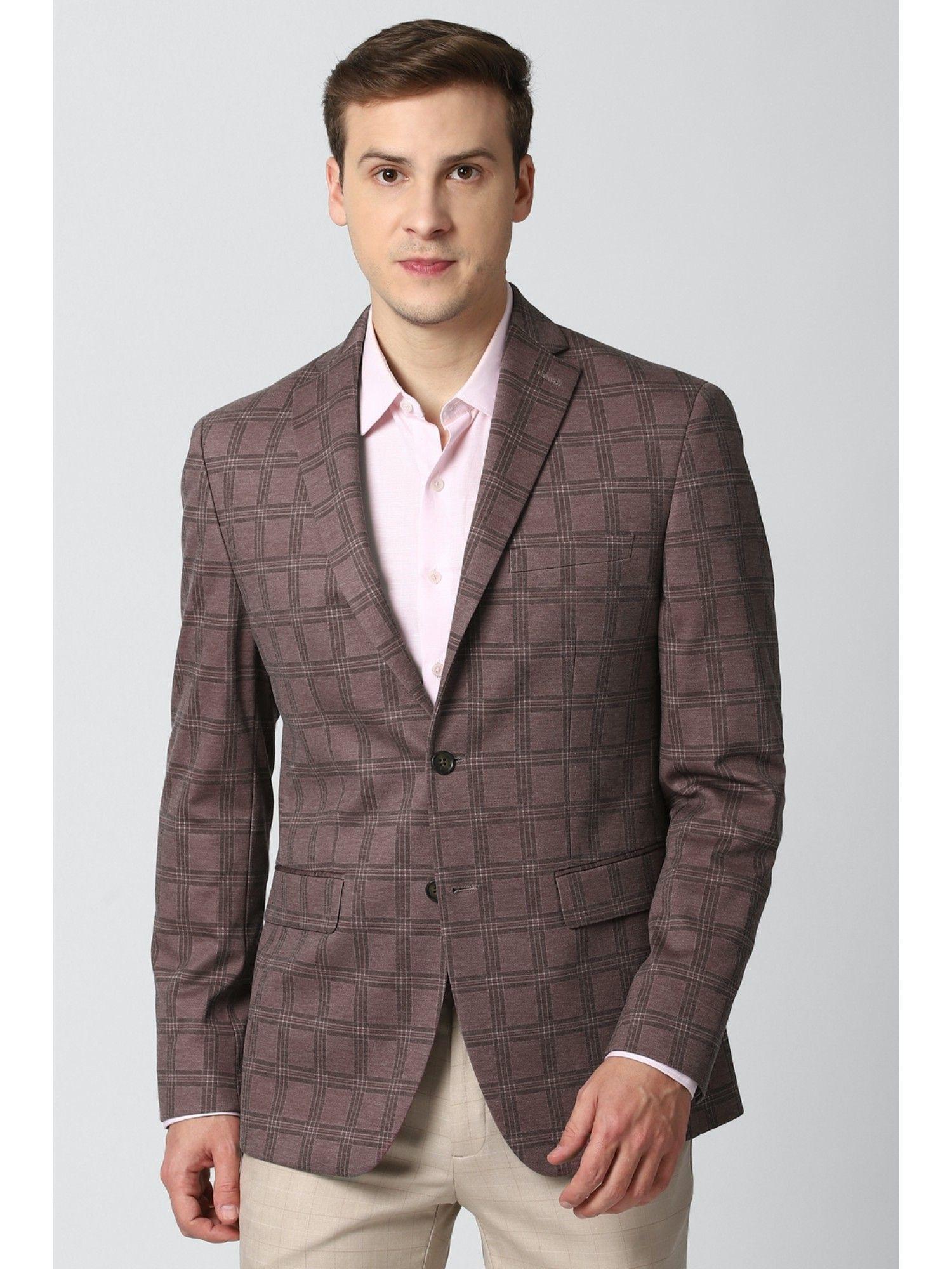 men purple check slim fit formal blazer