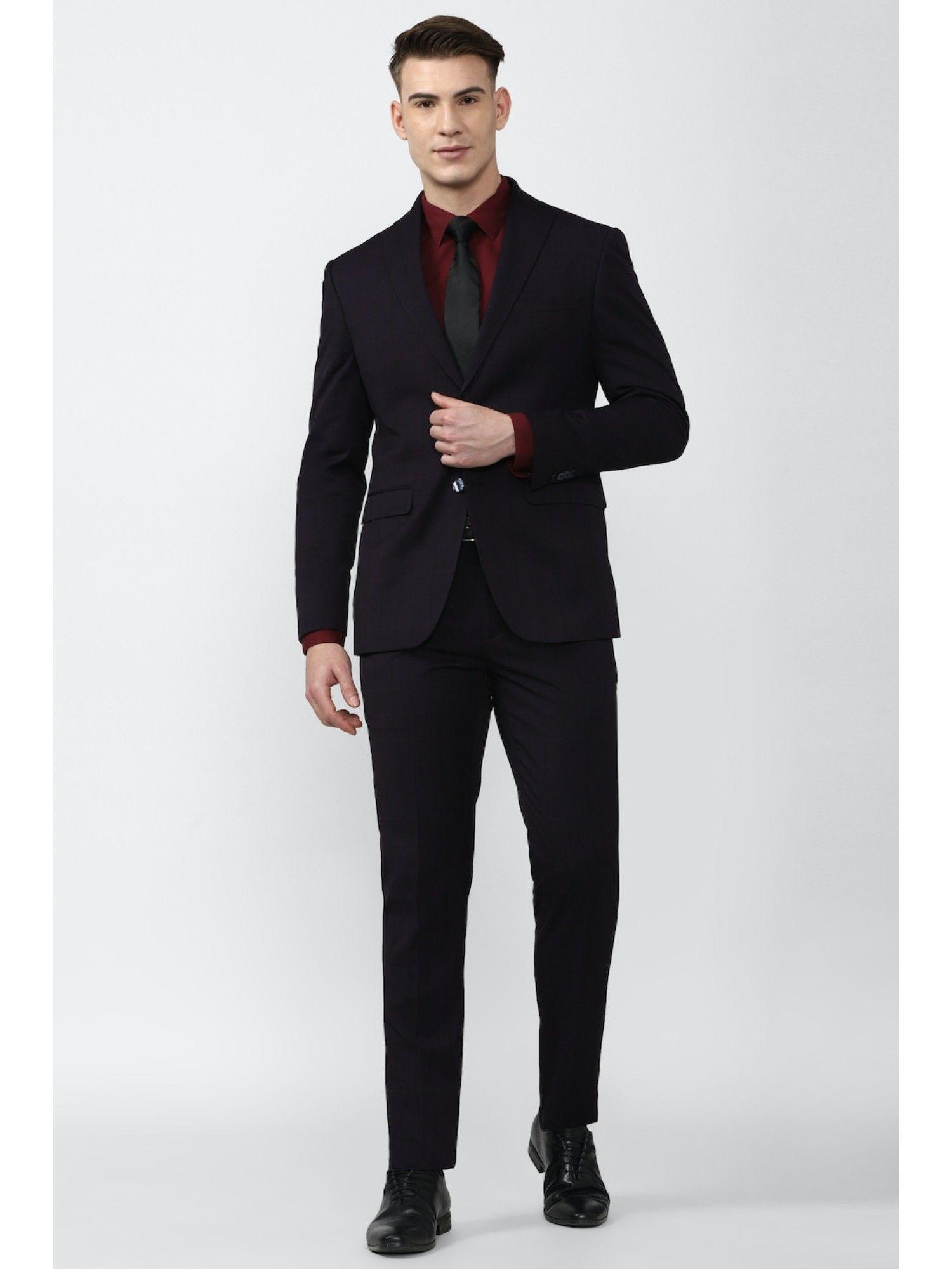 men purple check slim fit formal two piece suit (set of 2)