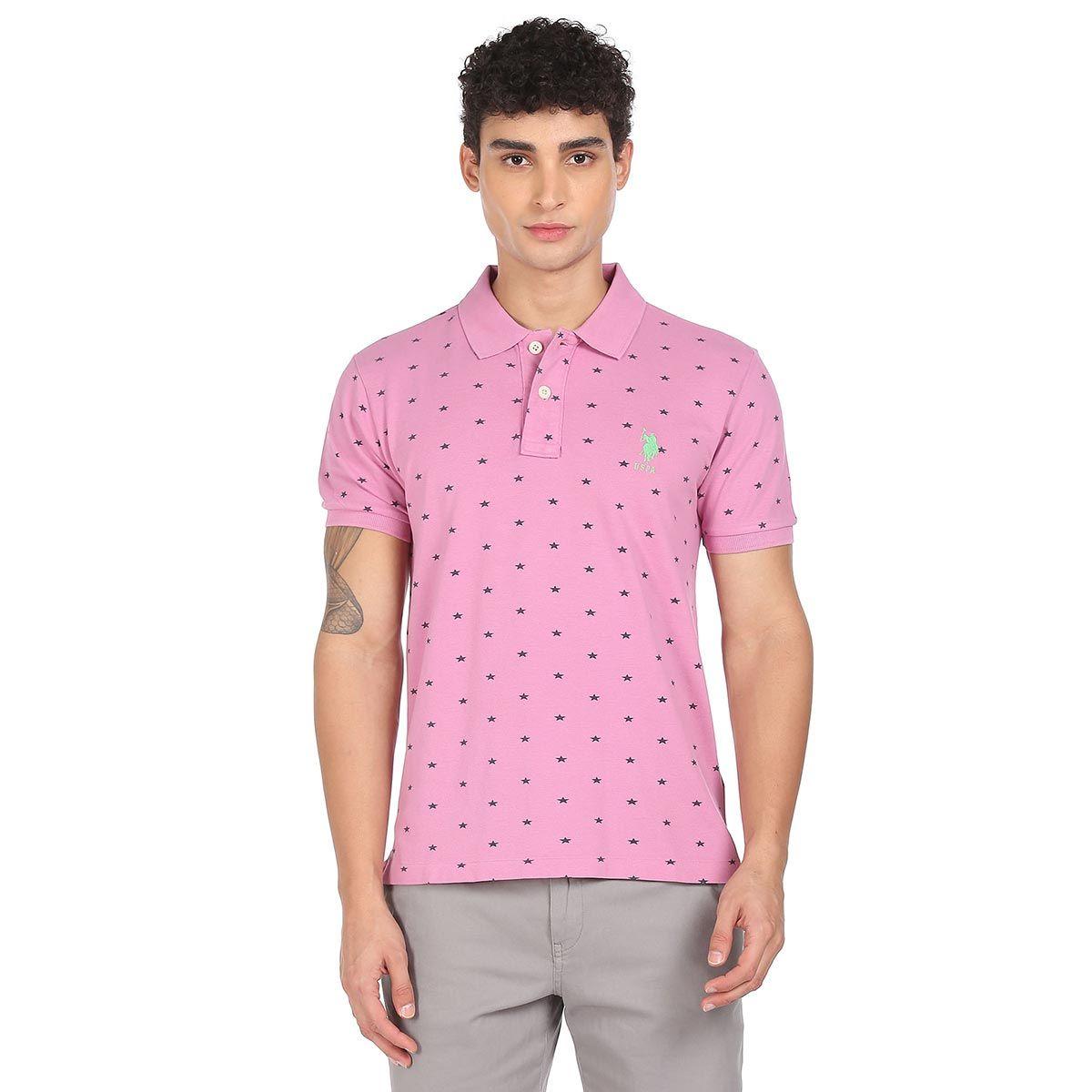 men purple cotton printed polo t-shirt