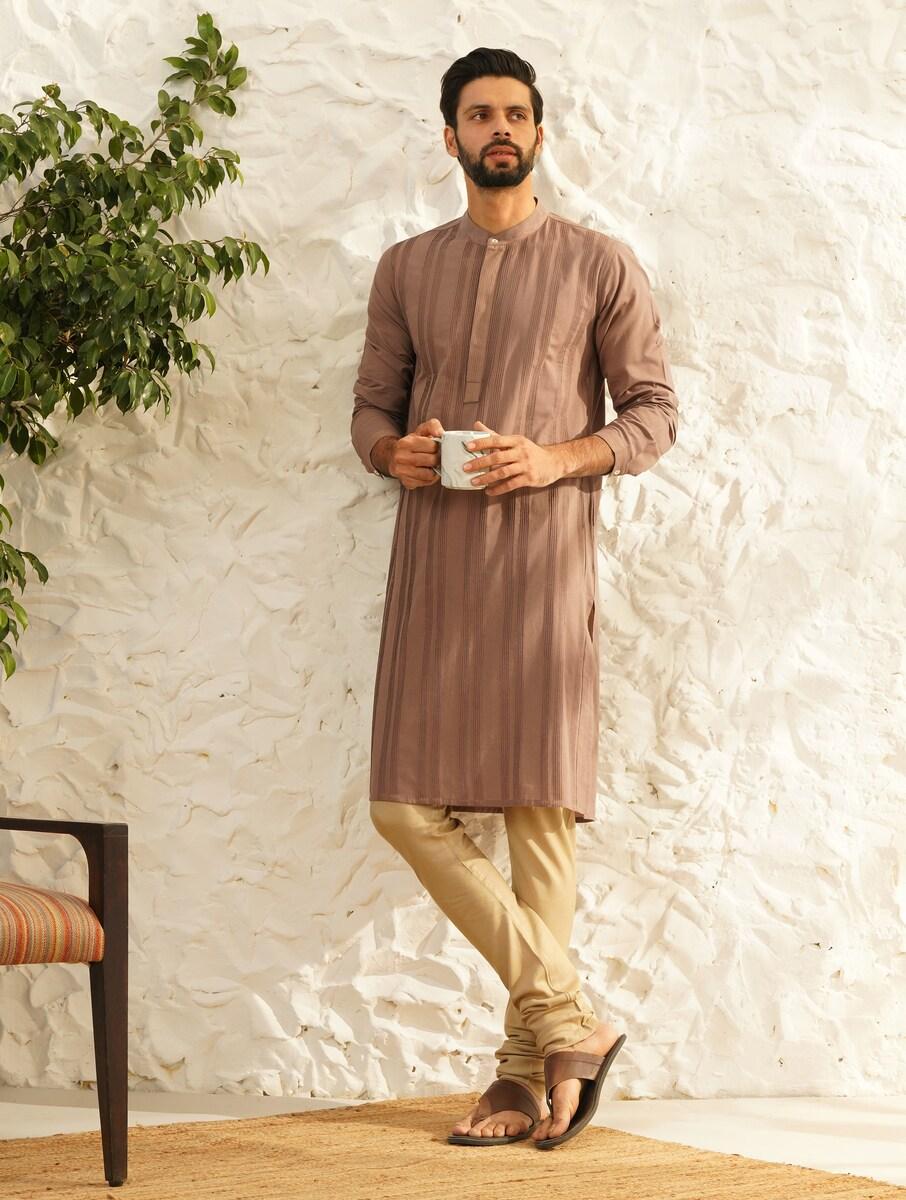 men purple cotton straight fit kurta