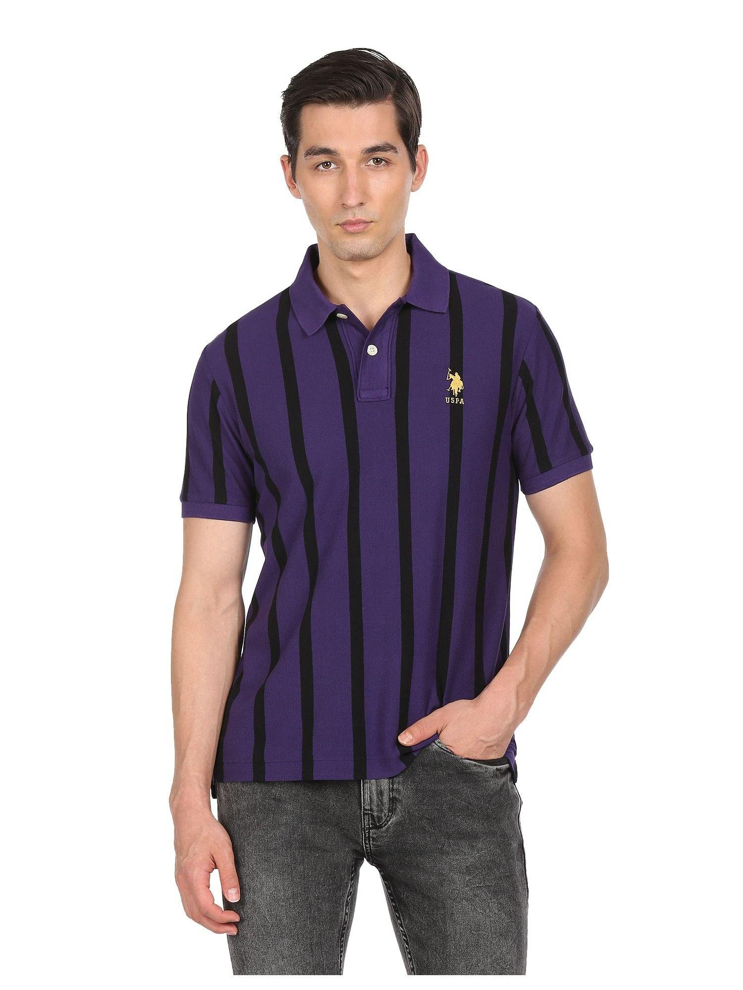 men purple cotton striped polo t-shirt