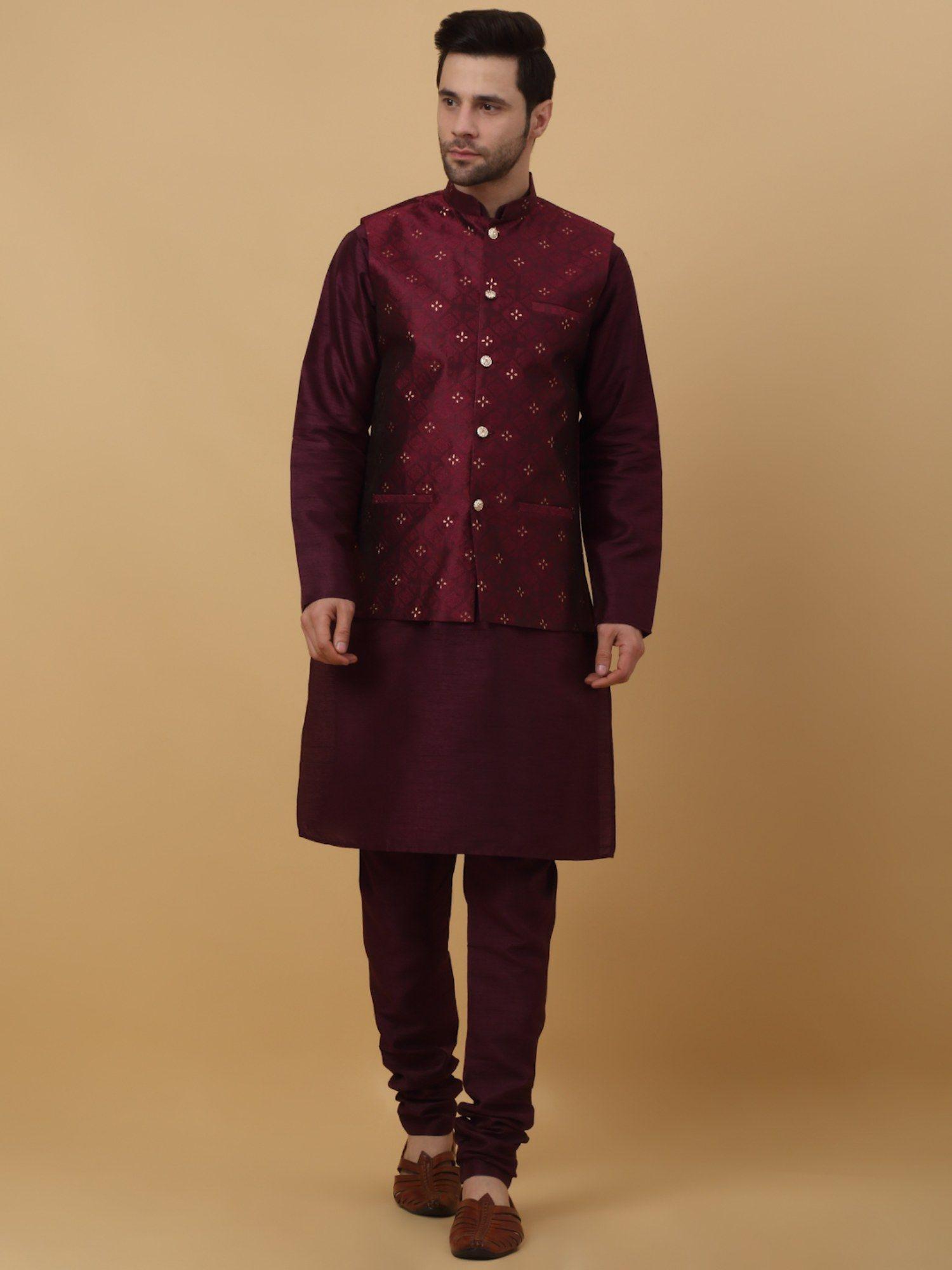 men purple kurta & churidar with jacquard maroon nehru jacket (set of 3)