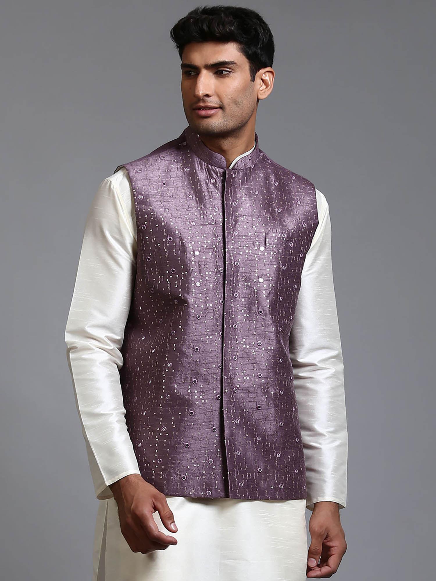 men purple mirror work nehru jacket