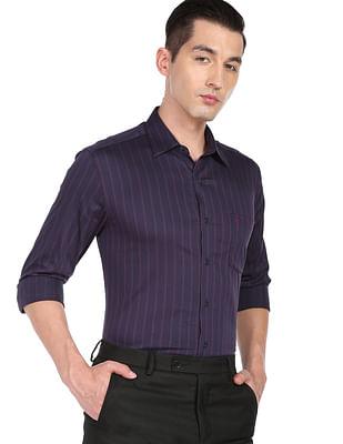 men purple patch pocket vertical striped formal shirt