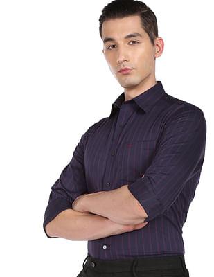 men purple patch pocket vertical striped formal shirt