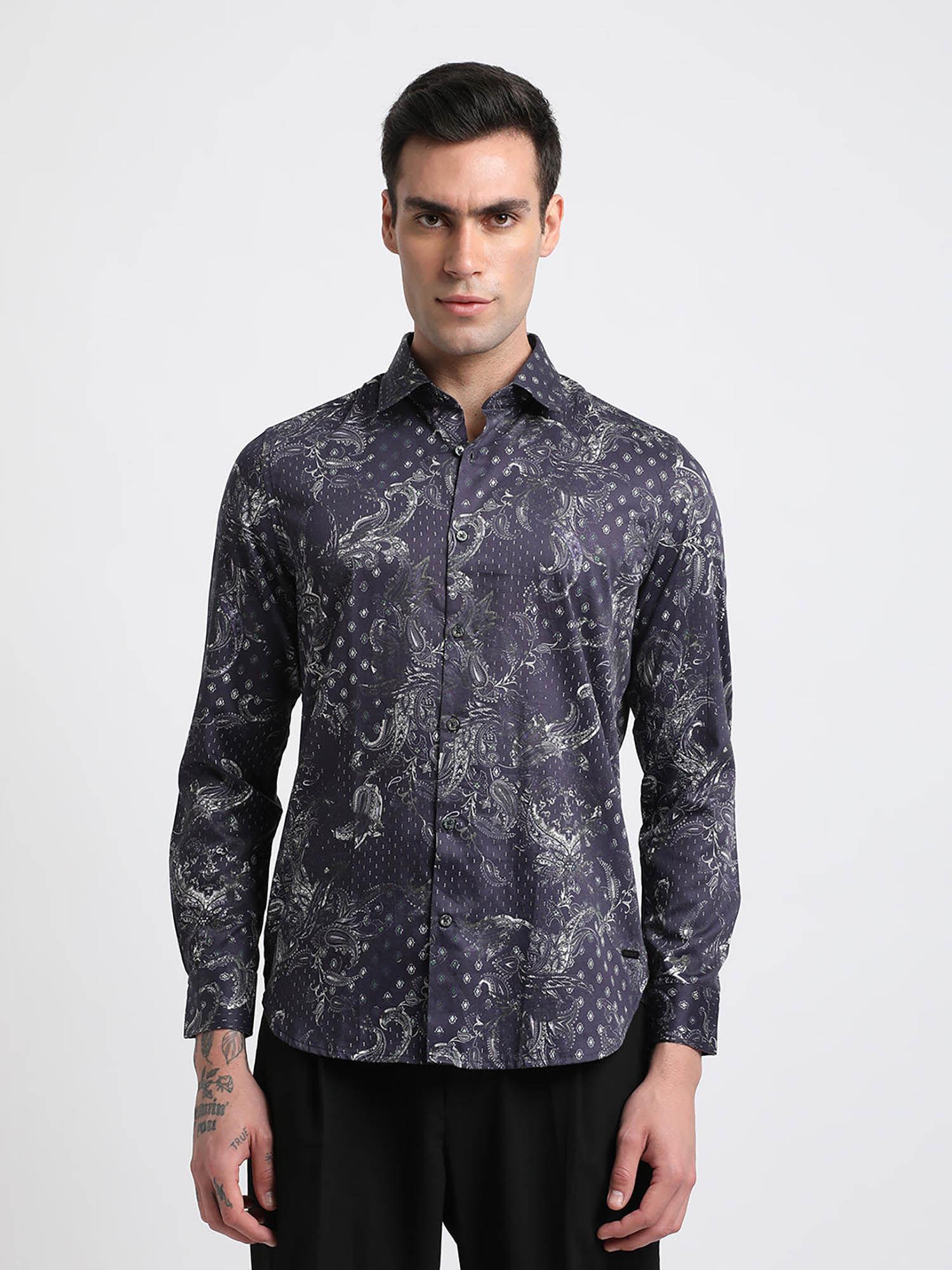 men purple printed slim fit cotton casual shirt