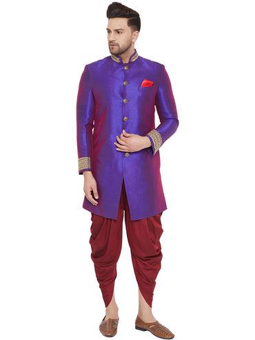 men purple silk blend sherwani (set of 2)