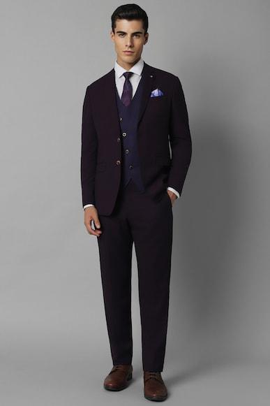 men purple slim fit textured formal three piece suit