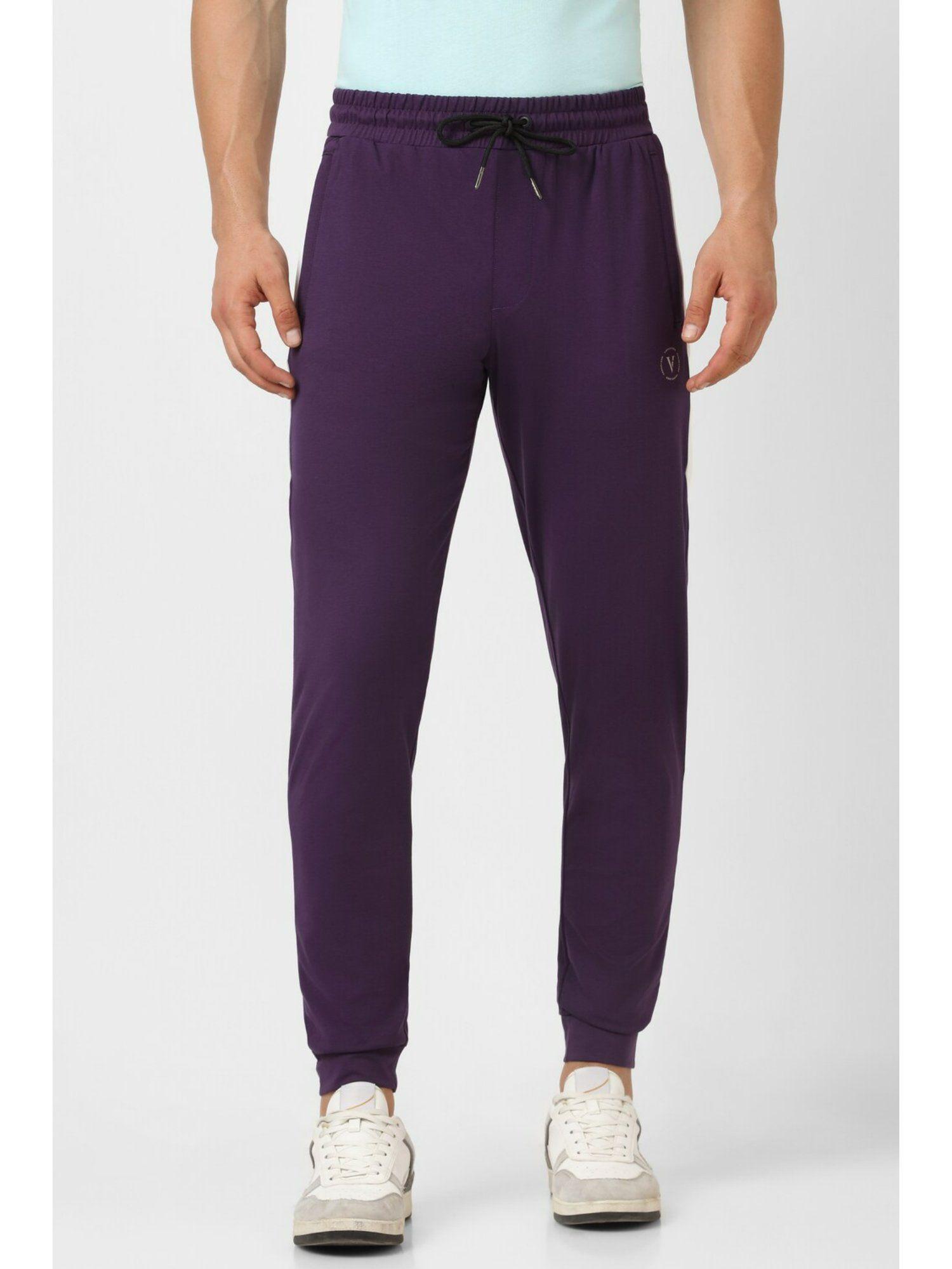 men purple solid casual jogger pants