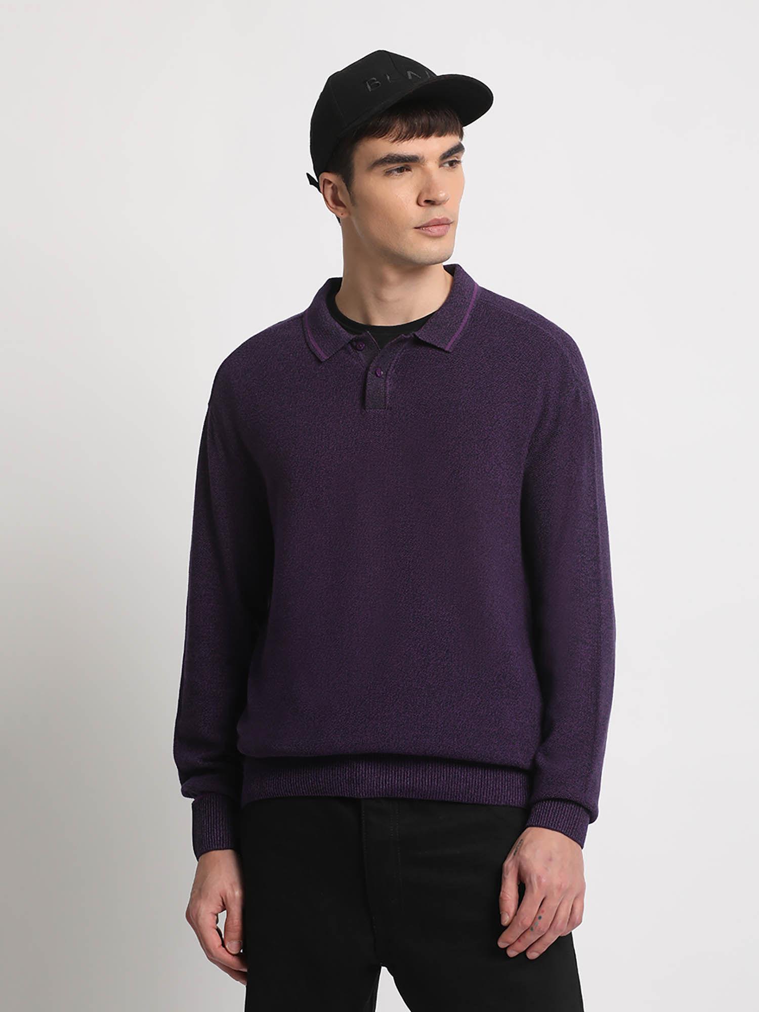 men purple solid regular flat knitted polo