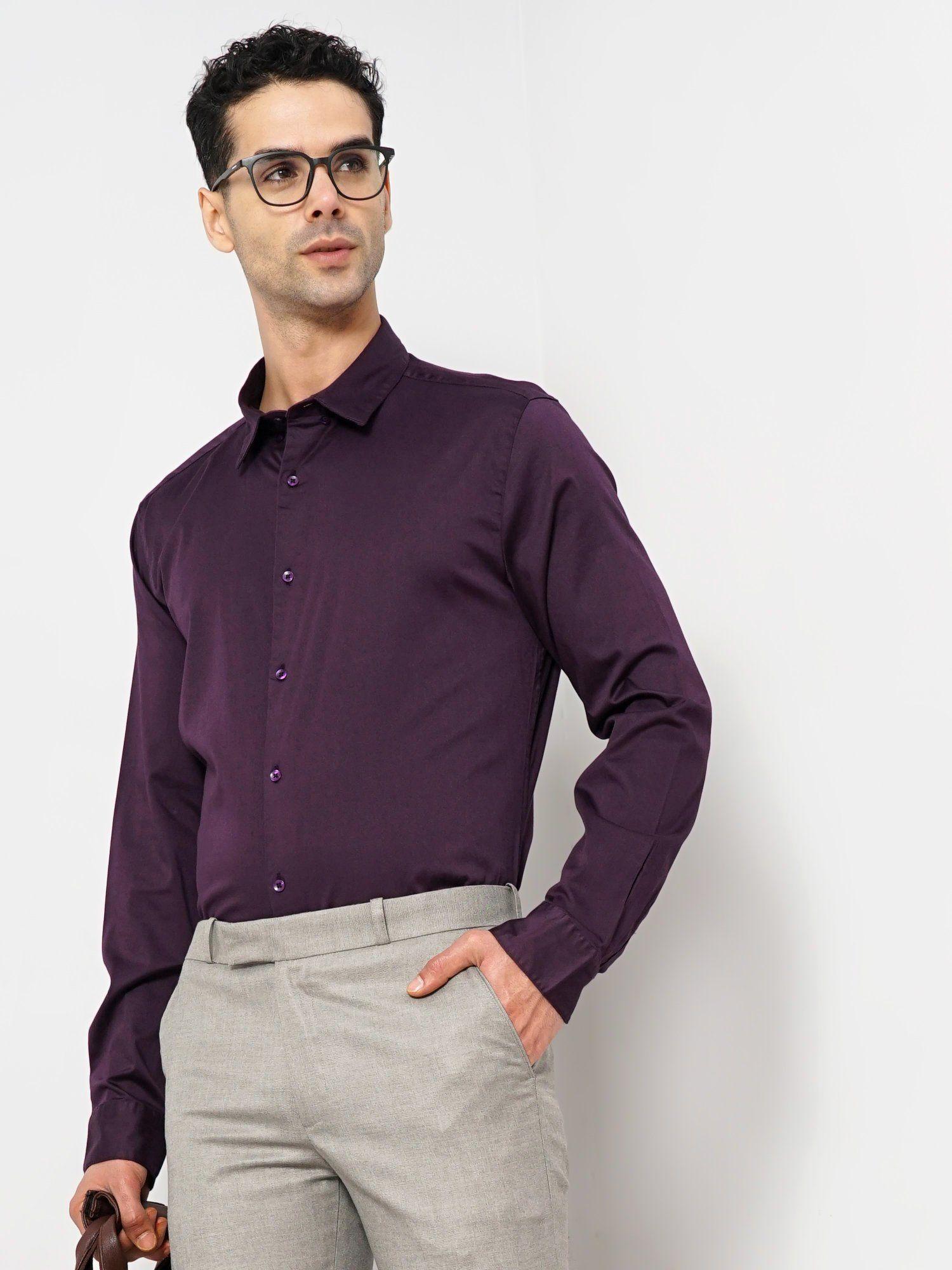 men purple solid slim fit cotton formal shirt