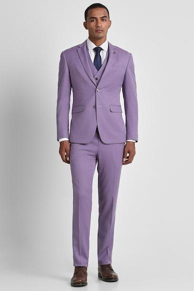 men purple solid slim fit formal three piece suit