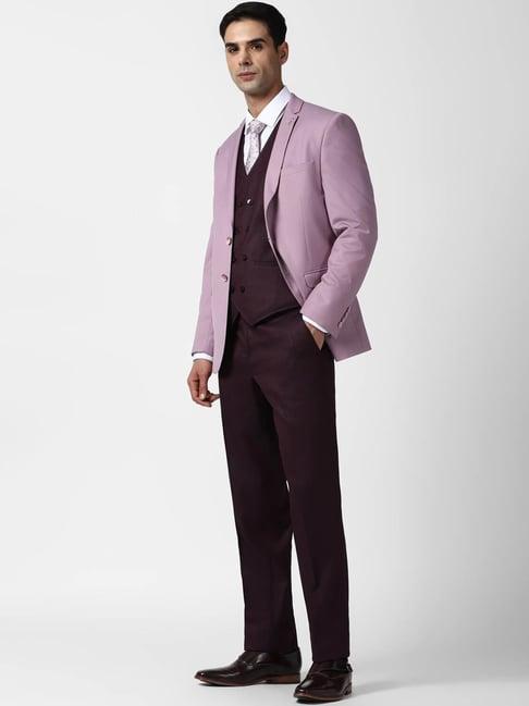 men purple solid slim fit four piece suit