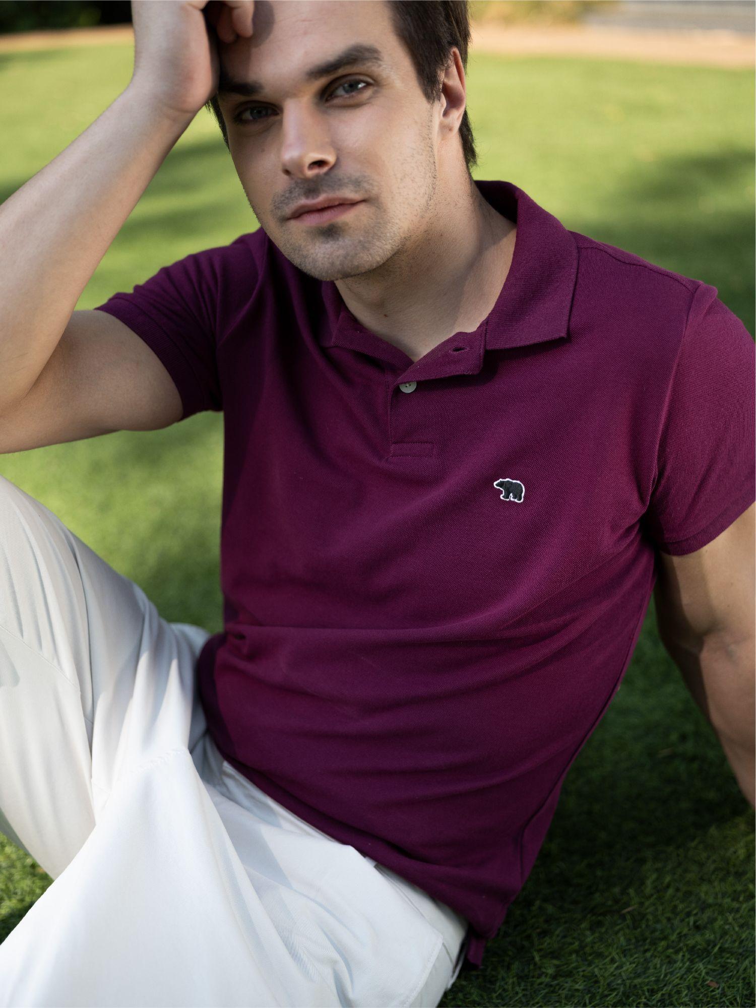 men purple solid slim fit polo collar pure cotton t-shirt