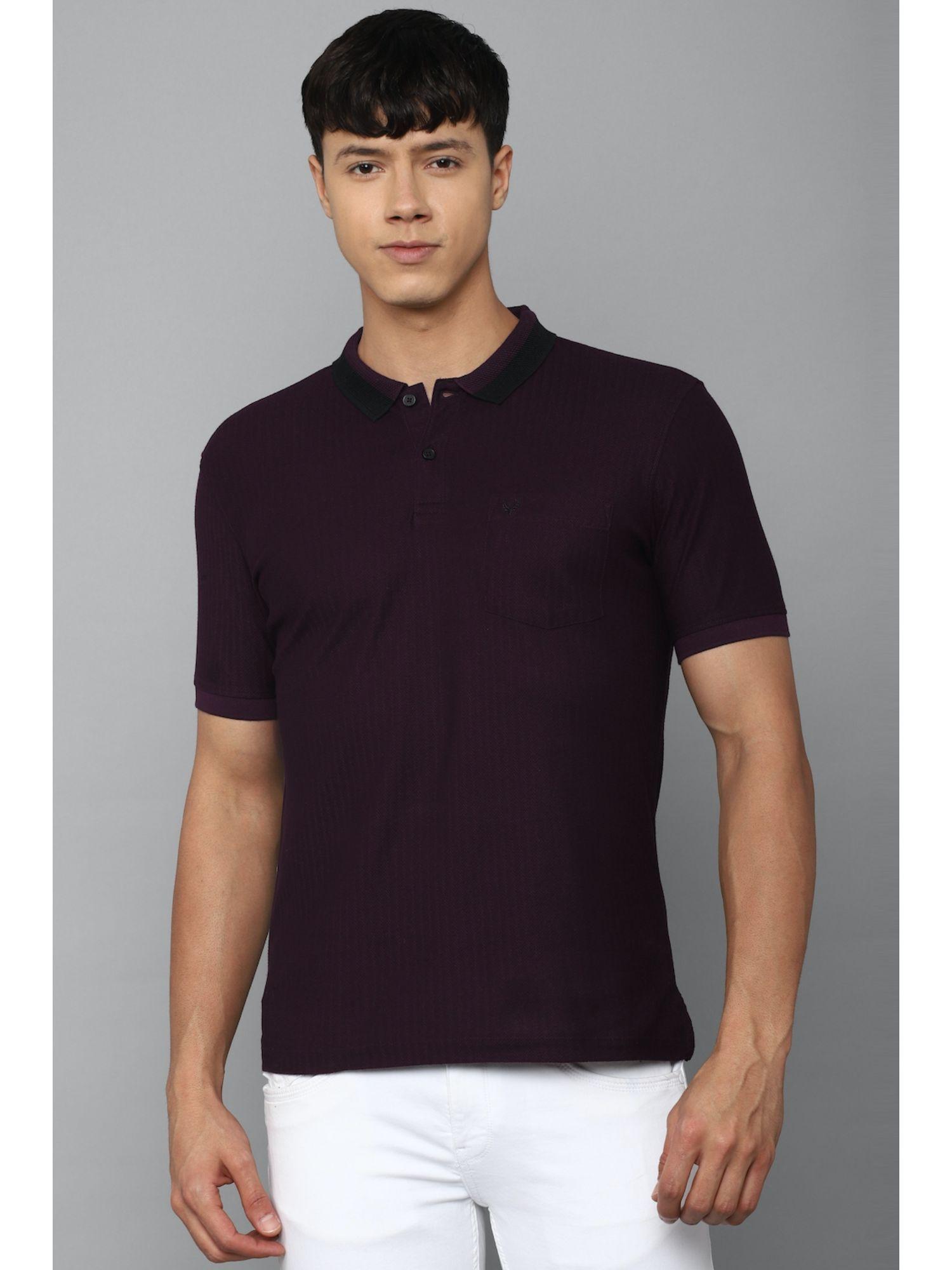 men purple textured polo neck t-shirt