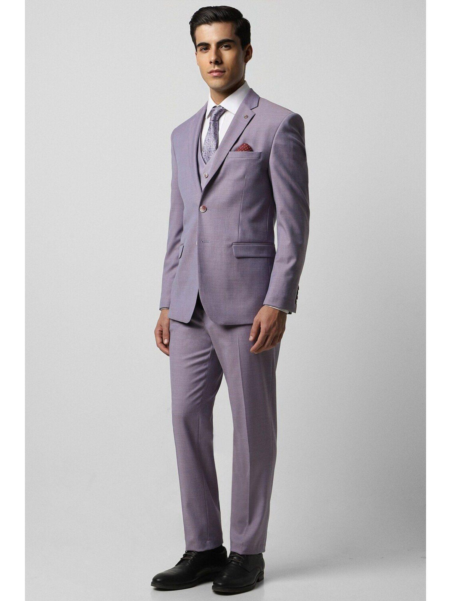men purple textured slim fit casual three piece suit (set of 3)