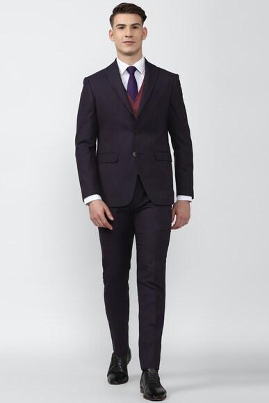 men purple textured slim fit formal three piece suit