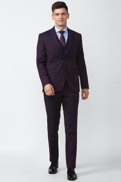 men purple textured slim fit formal three piece suit