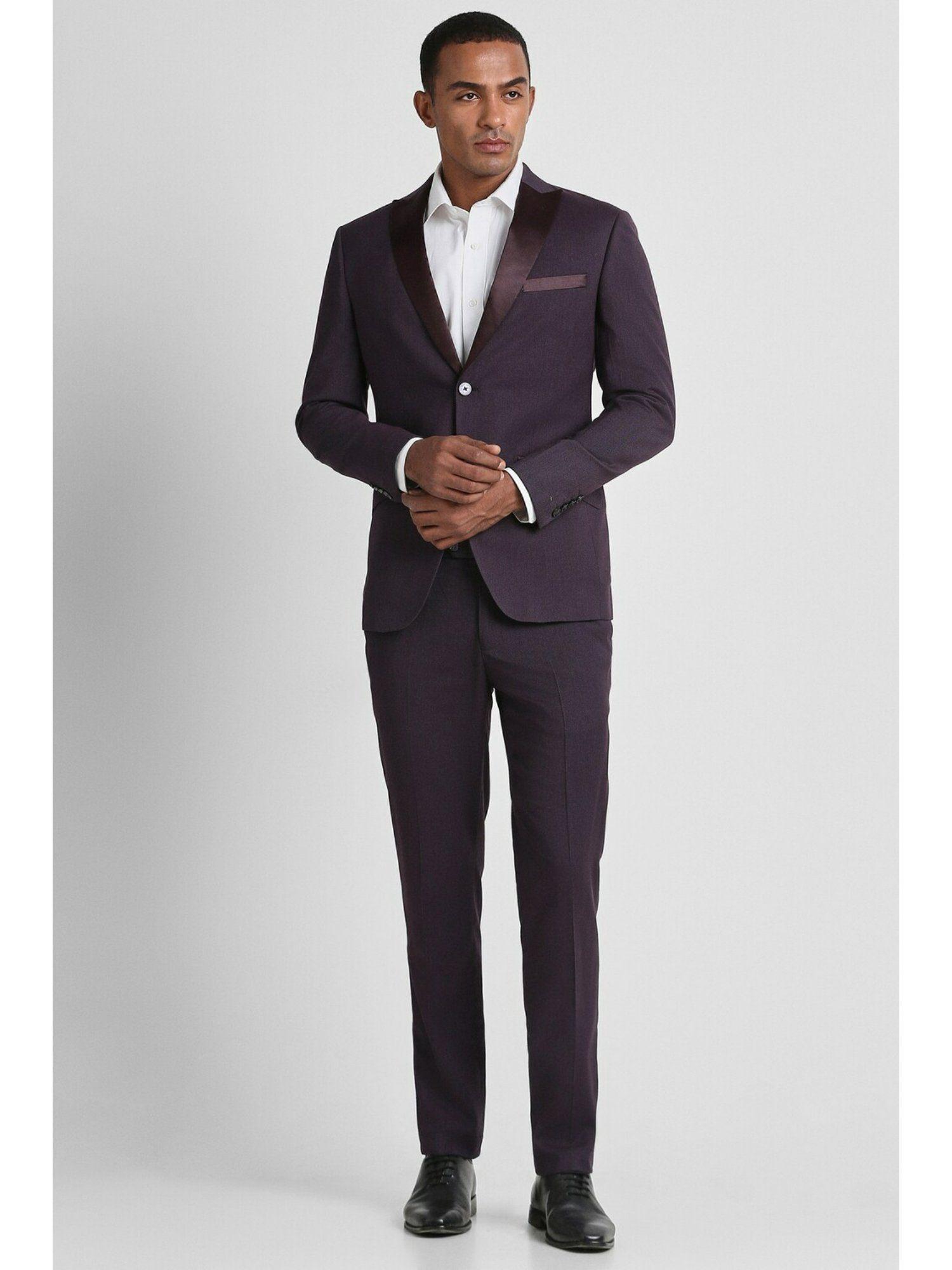 men purple textured slim fit party suit (set of 2)