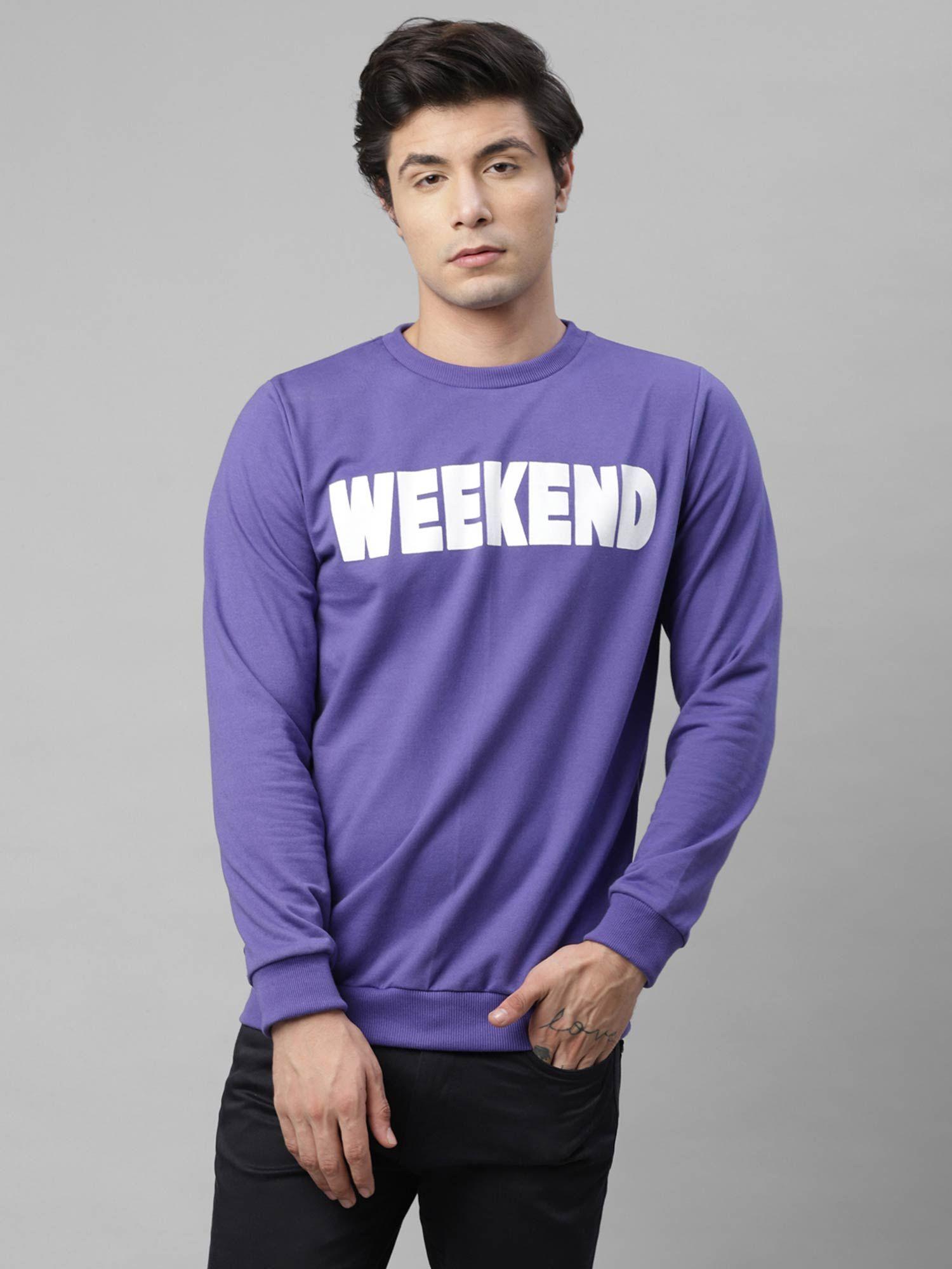 men purple weekend print round neck terry sweatshirt