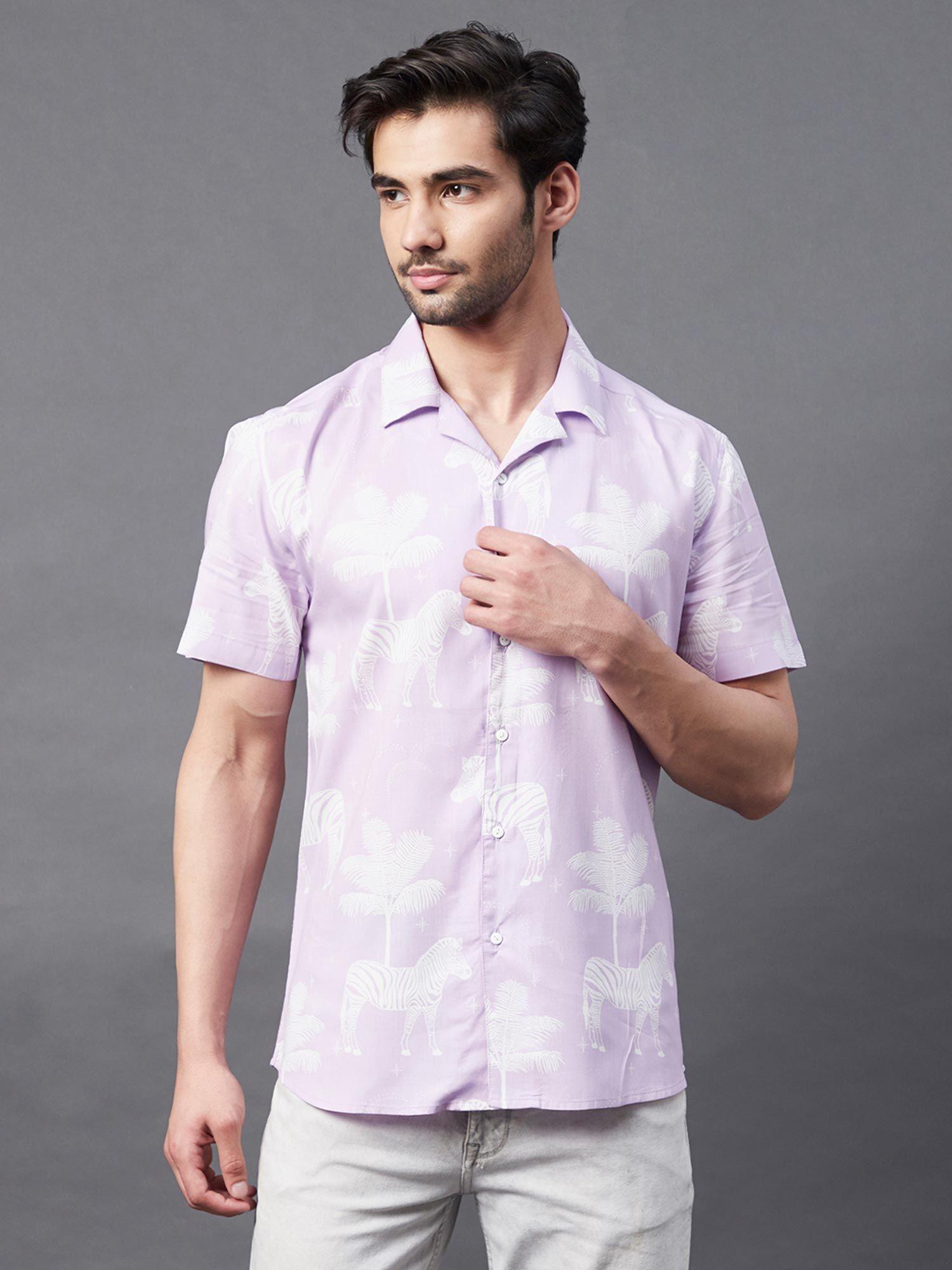men purple zebra print cuban collar half sleeve rayon shirt