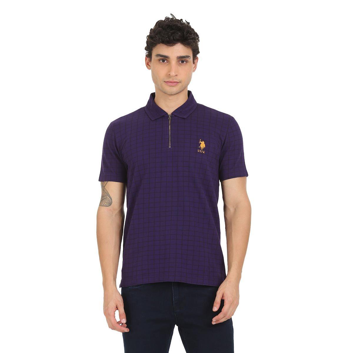 men purple zipper placket cotton polo t-shirt