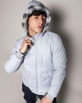 men quilted hooded jacket with flap pockets