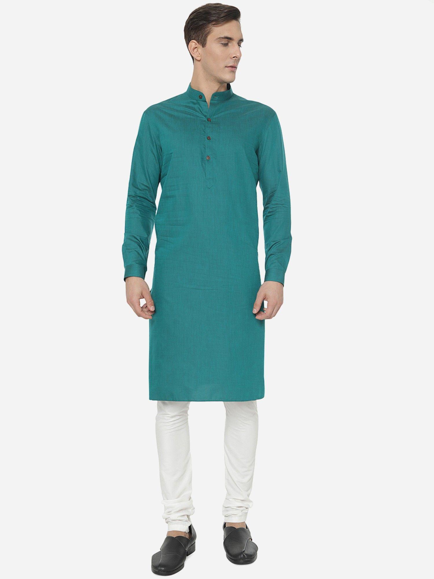 men rama green cotton regular fit solid modi kurta
