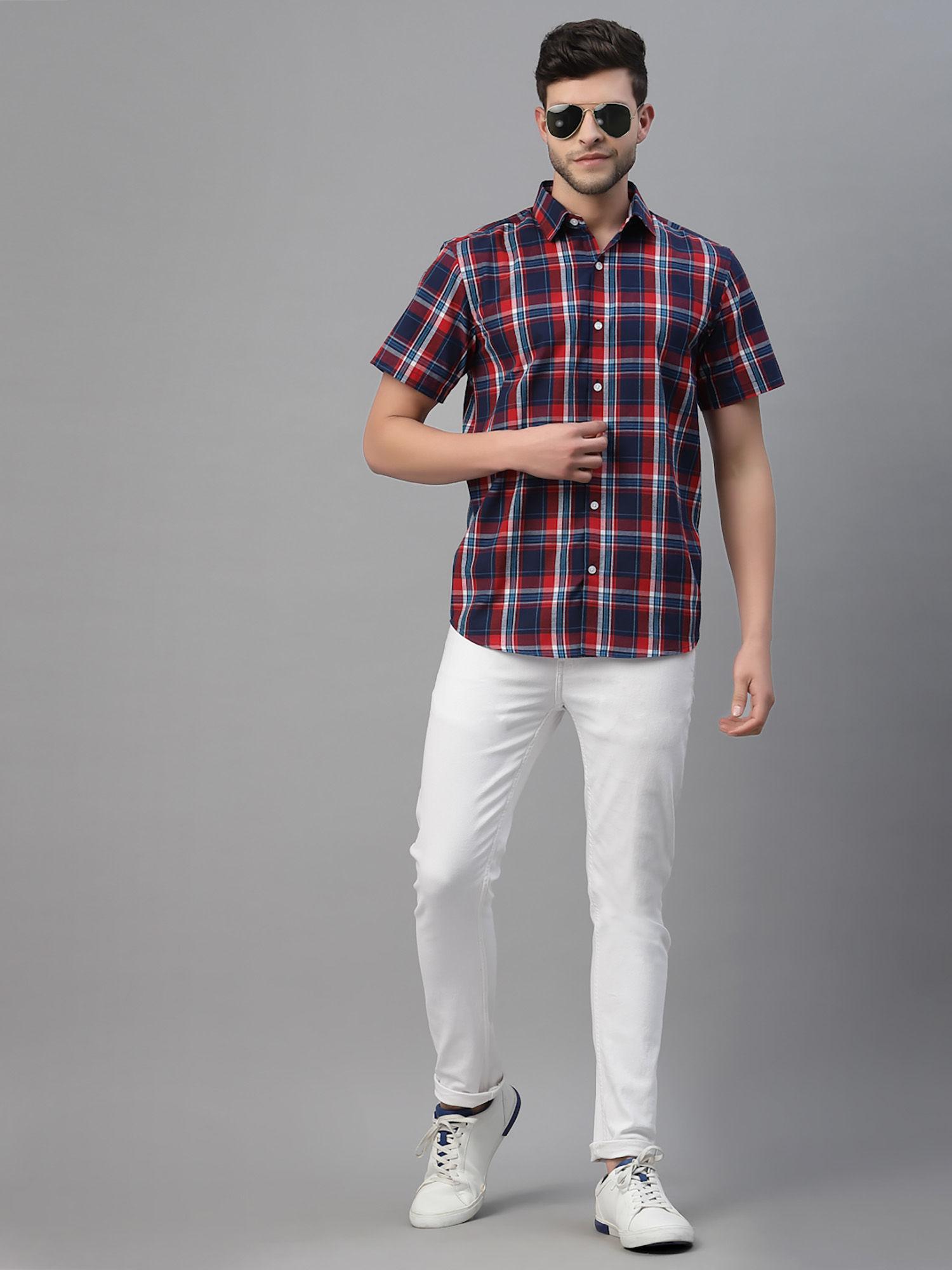 men red & blue checked half sleeves casual shirt