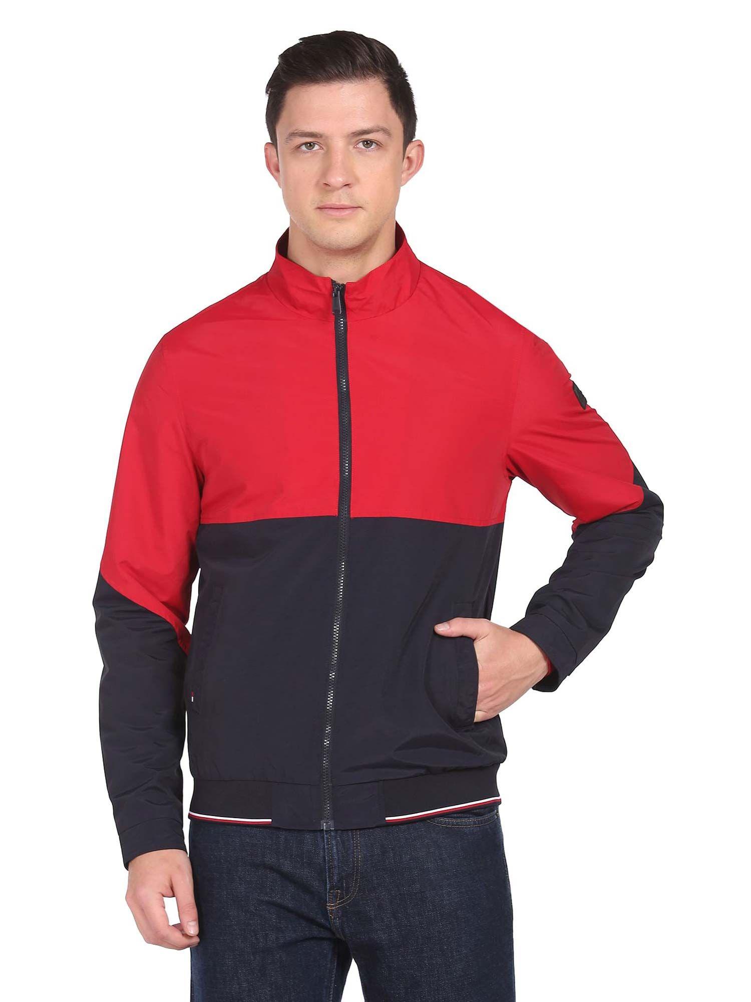 men red & navy blue high neck colour block jackets