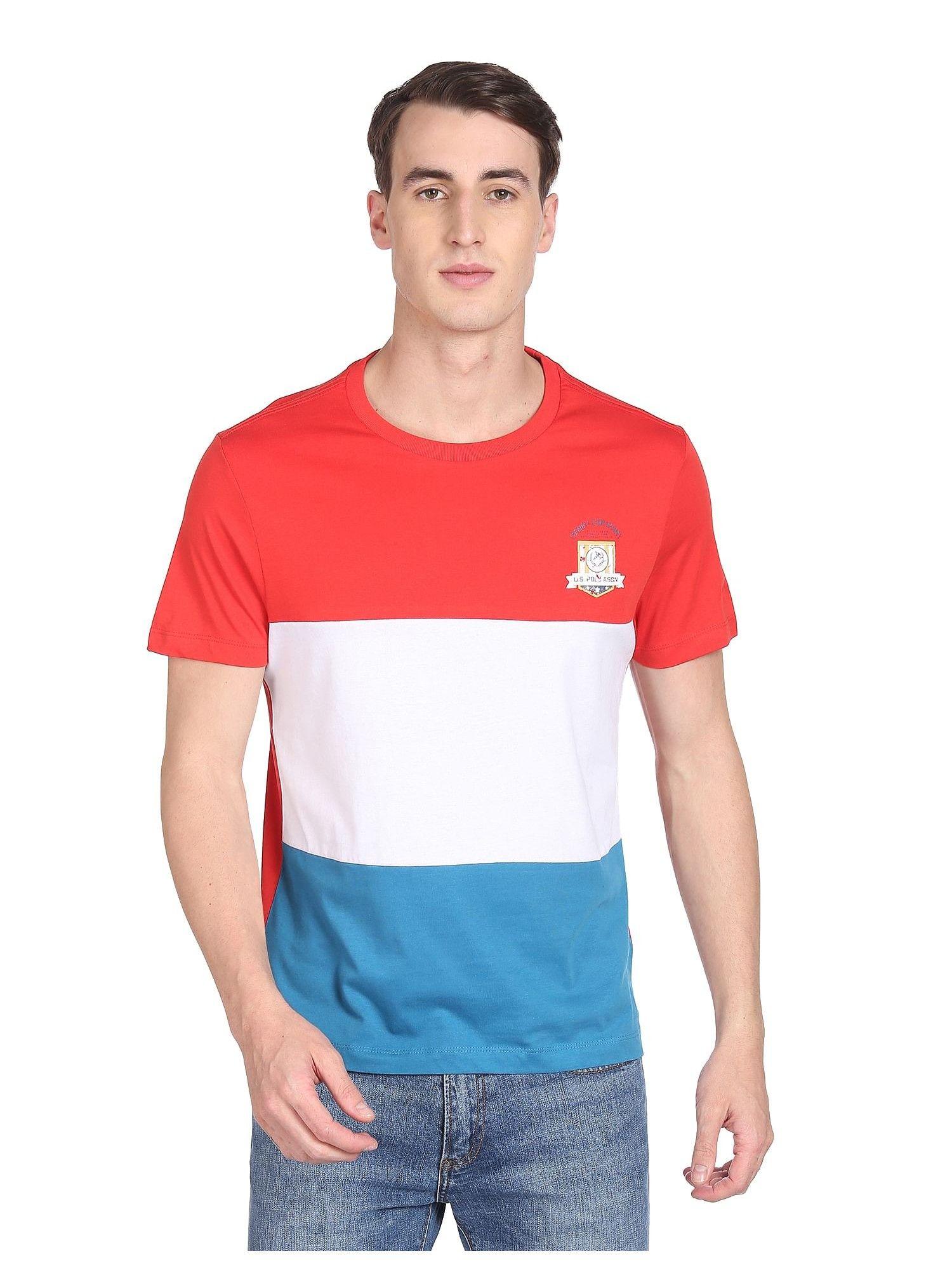 men red and blue crew neck colour block cotton t-shirt