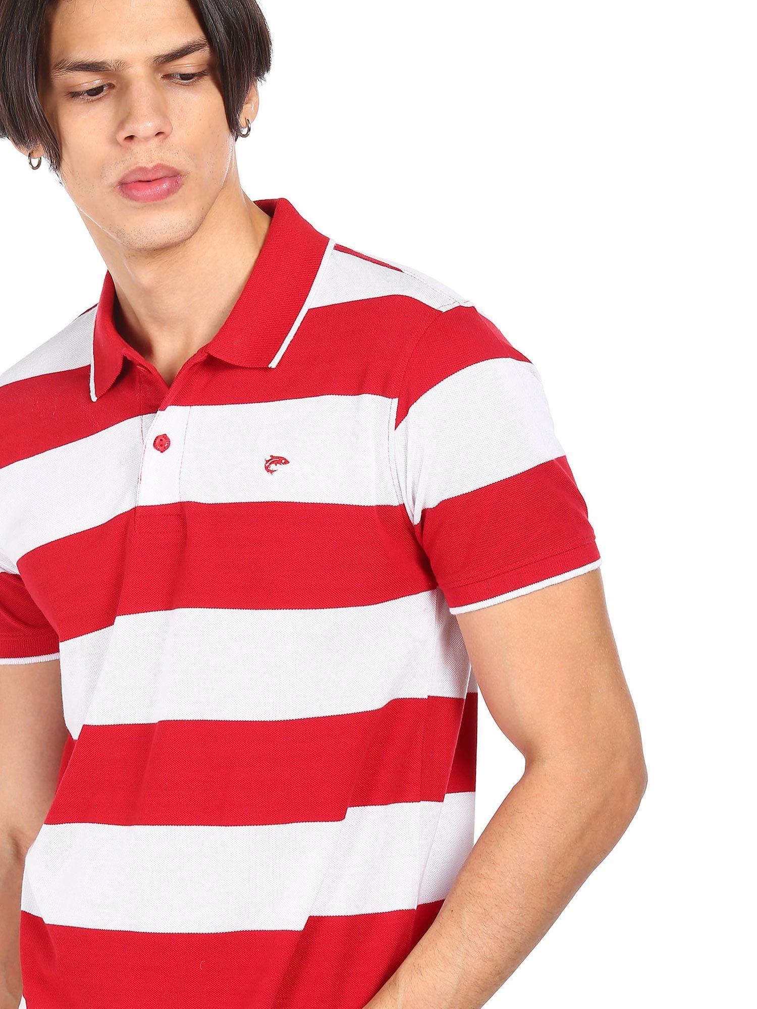 men red and white ribbed collar striped polo t-shirt