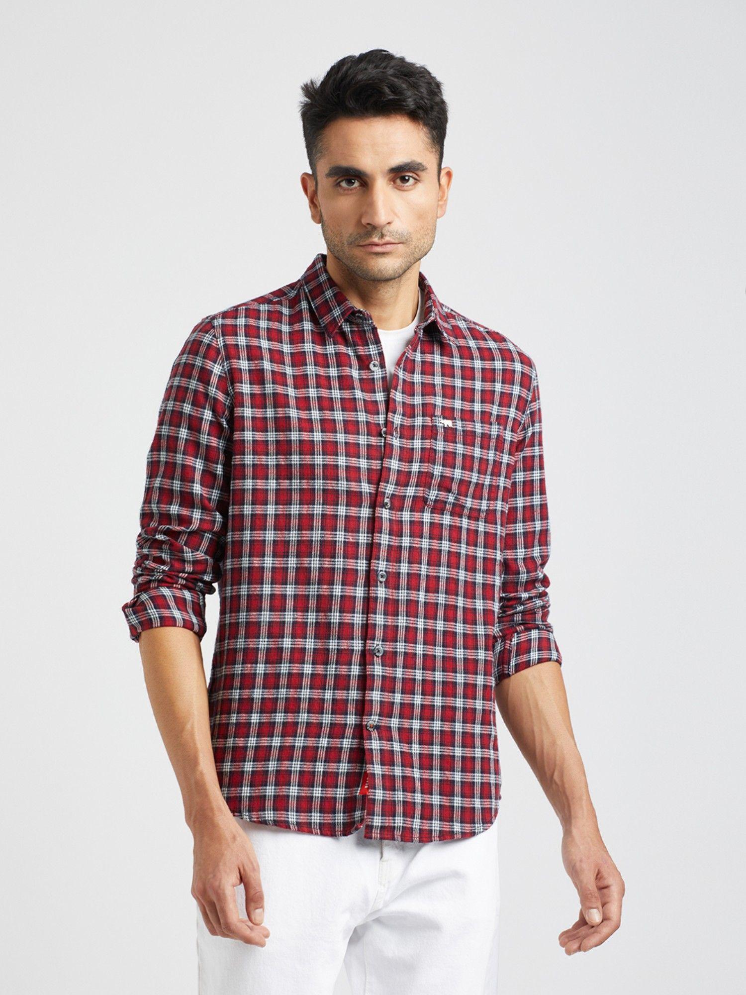 men red checked slim fit flannel cotton casual shirt