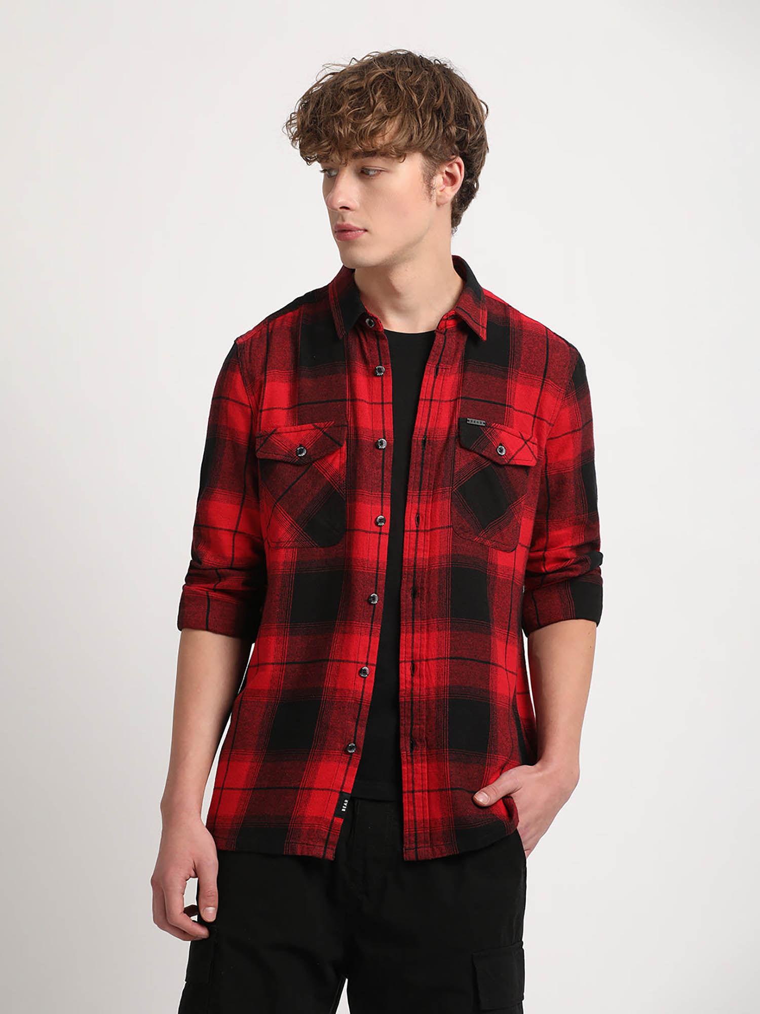 men red checked slim fit flannel cotton casual shirt