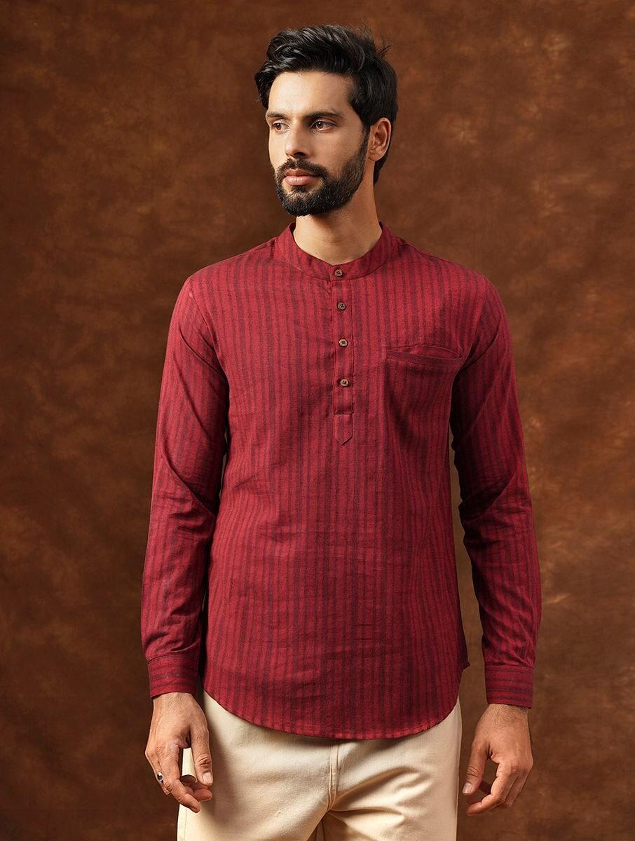 men red cotton self design mandarin collar regular fit kurta