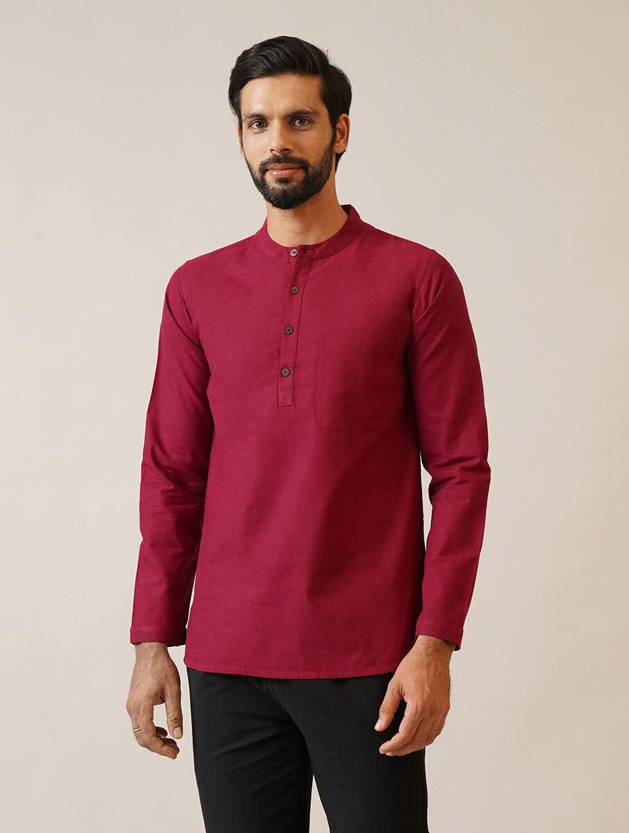 men red cotton solid mandarin collar regular fit kurta