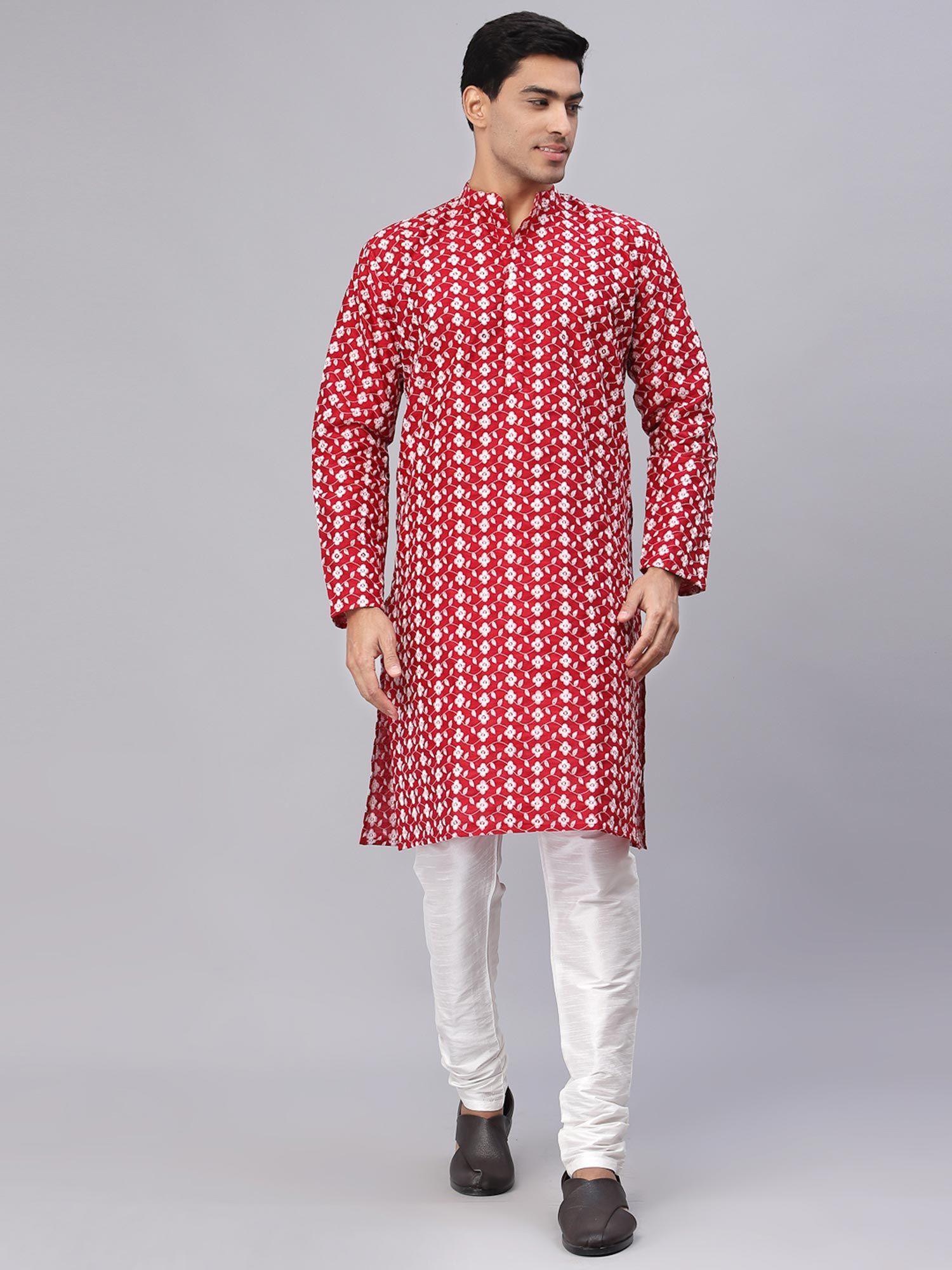 men red dupion silk chikankari straight kurta