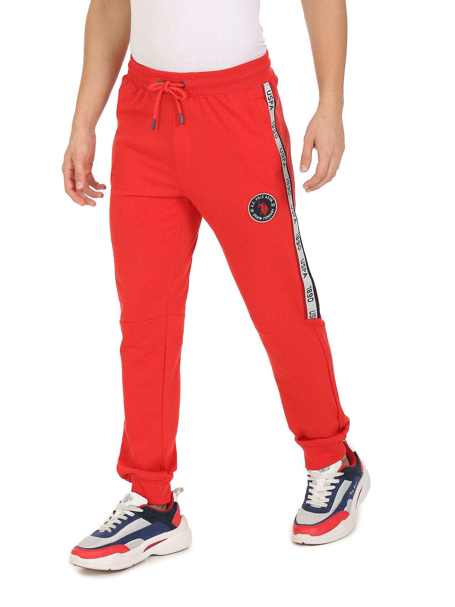 men red elasticized waist brand tape joggers