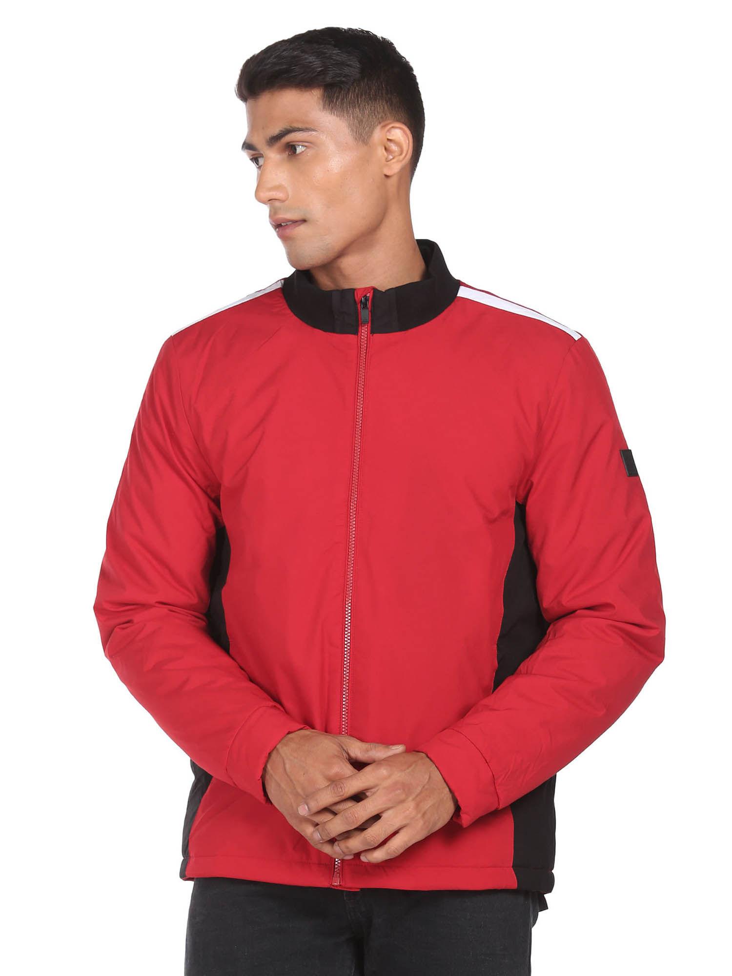 men red high neck zip up colour block padded jacket