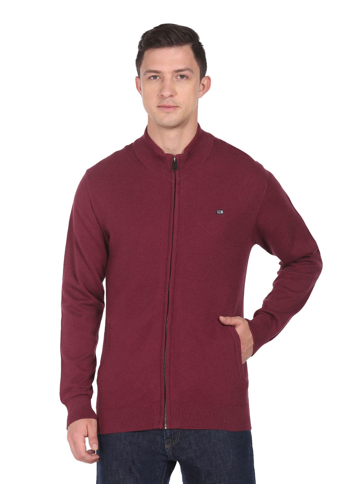 men red high neck zip up solid sweater