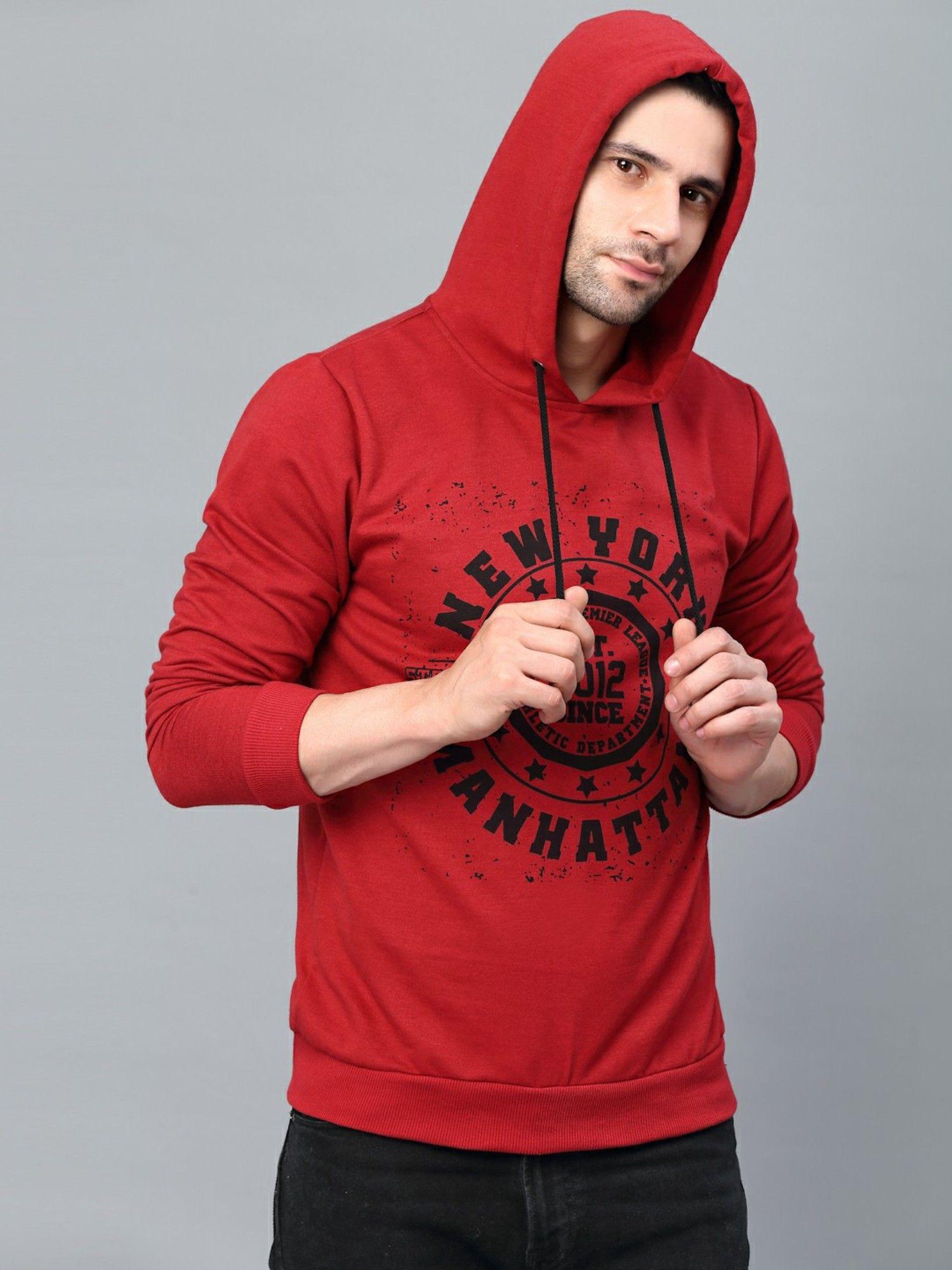 men red hooded printed fleece sweatshirt